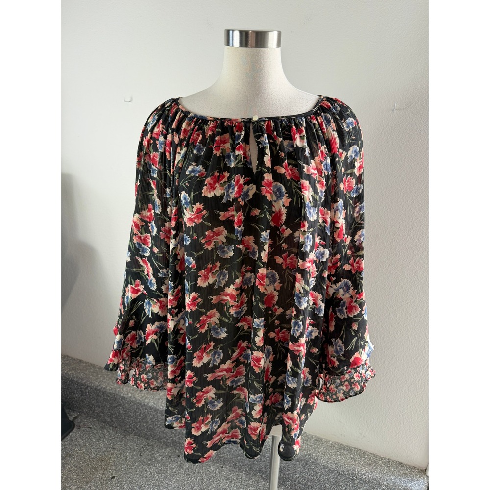 Chaps Womens Plus 2X Floral Bell Sleeve Blouse Black Pink Blue Keyhole Neck Boho
